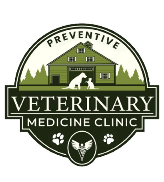 Logo of a veterinary clinic featuring a dog and cat under a house, surrounded by forest.