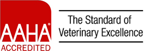 Logo of AAHA Accredited in red and black with a rectangular element.