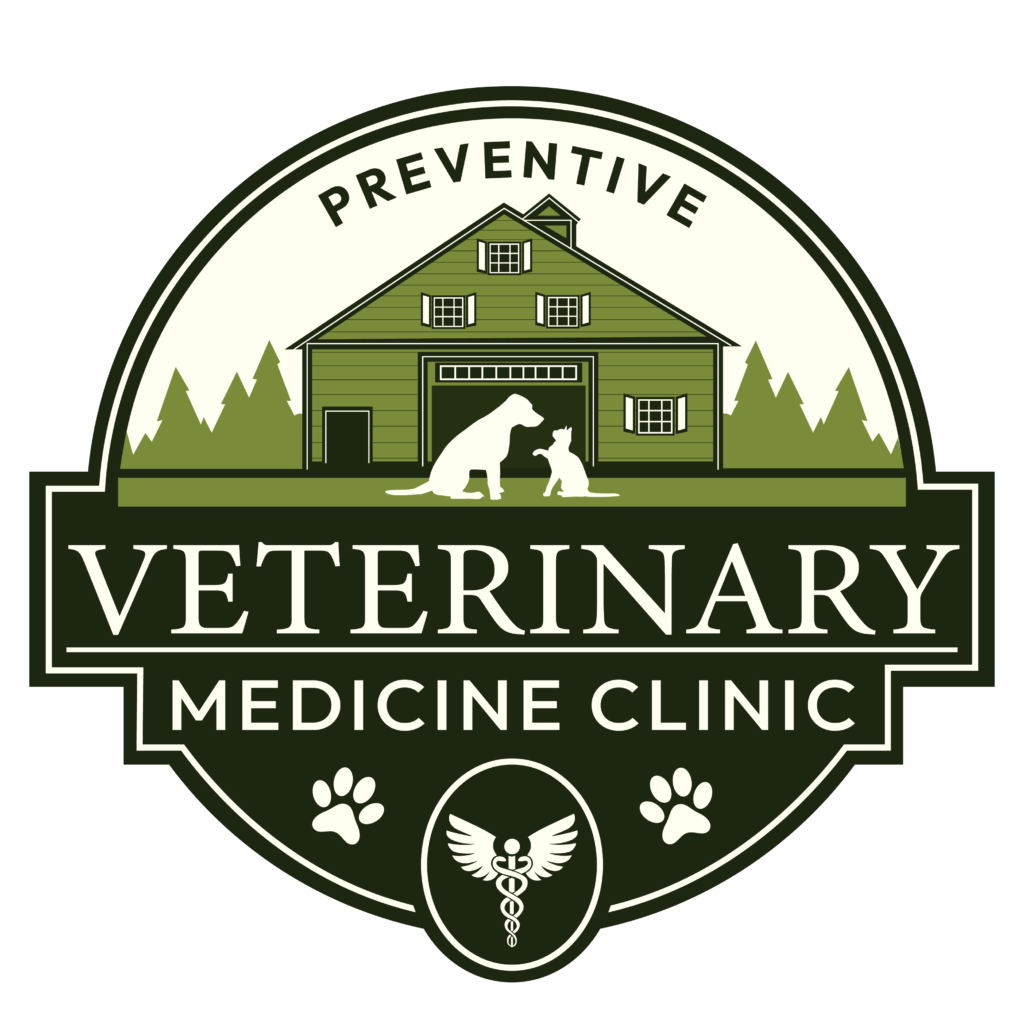 Logo of a veterinary clinic featuring a dog, cat, and clinic building inside a circular emblem.