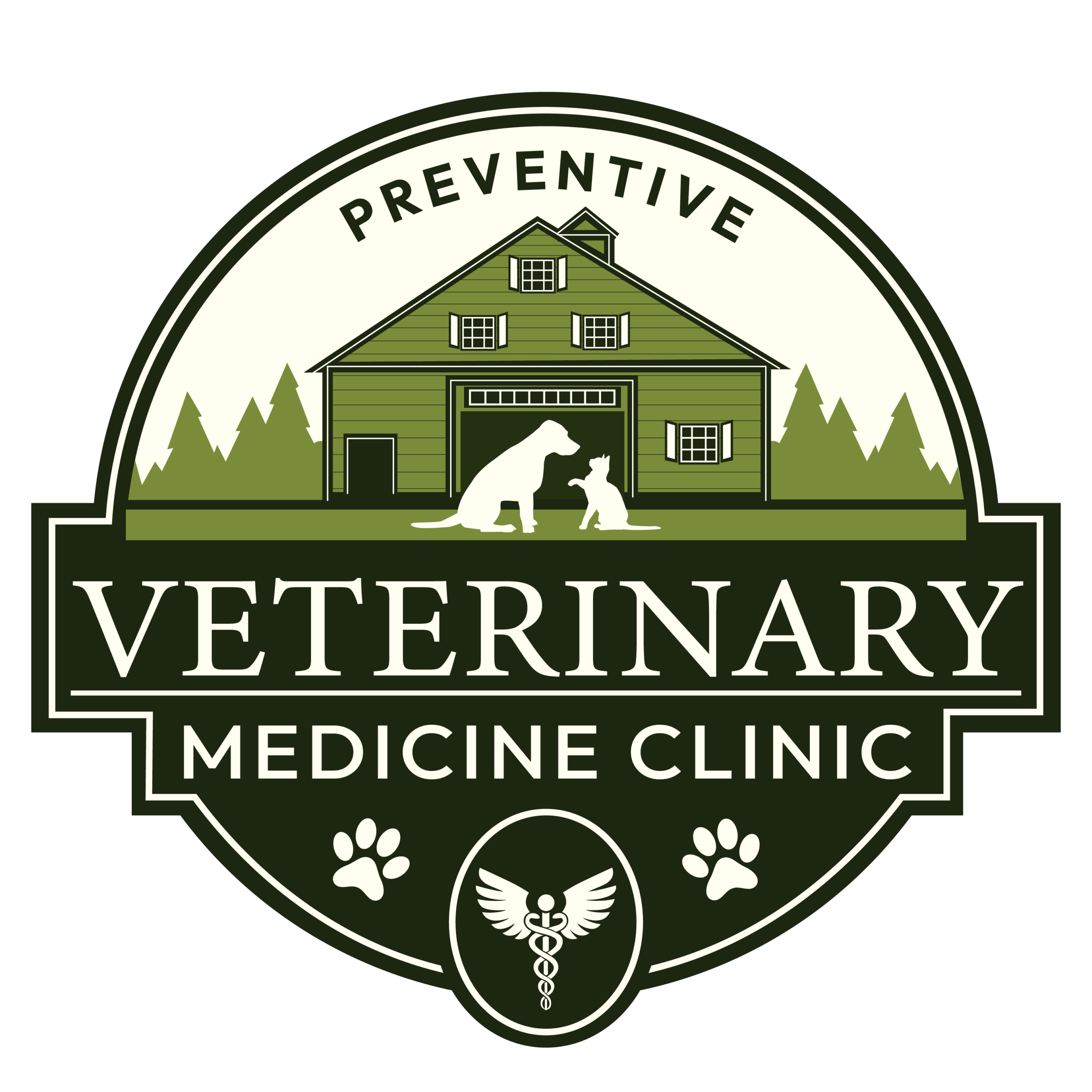 Logo of a veterinary clinic featuring a dog, cat, and clinic building inside a circular emblem.